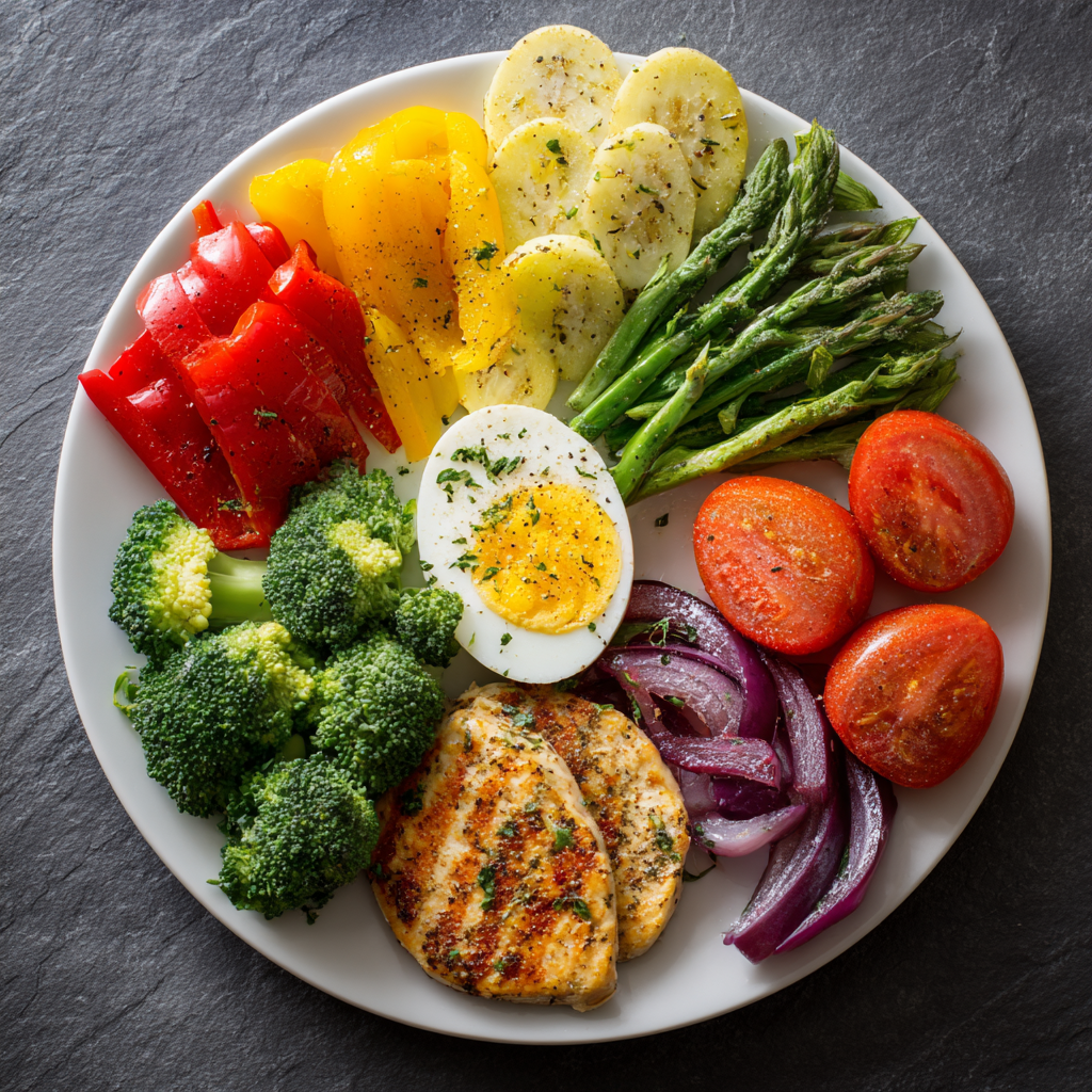 Balanced nutritious meal arrangement with colorful vegetables for older adults