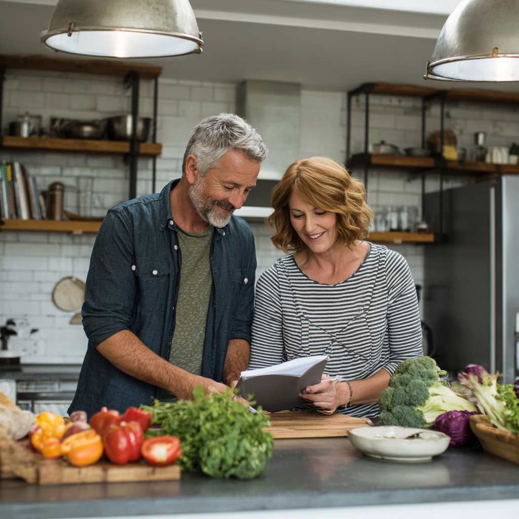 Middle-aged adults planning balanced meals together in modern kitchen